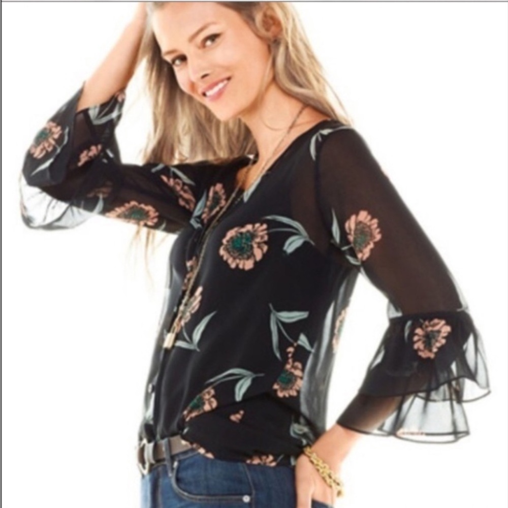 Cabi La Di Da Black Sheer Chiffon Flutter Sleeve Button Up Blouse 5206